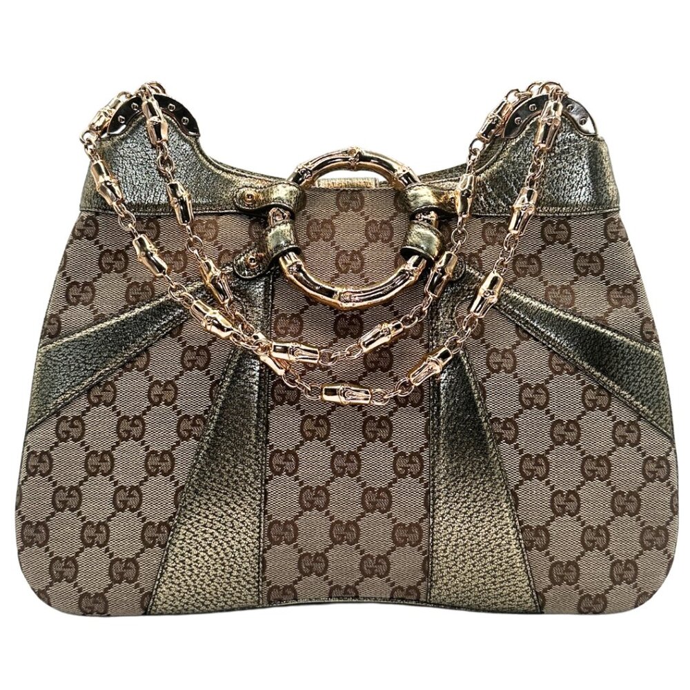 •SOLD•Gucci GG Monogram Gold Leather Bag w/ Bamboo Chain Strap/Ring